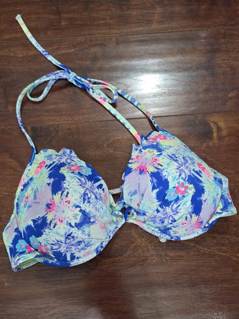 Victoria's Secret Neon Tropical Floral Halter Swim Top Ruffle Push Up Size 34C